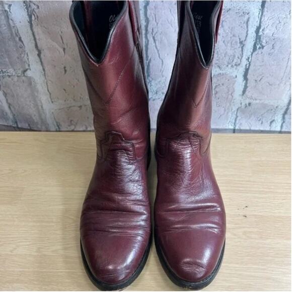 Vintage Old West Men's Western Burgundy Leather Roper Cowboy Boots Size 8.5D - Picture 7 of 13
